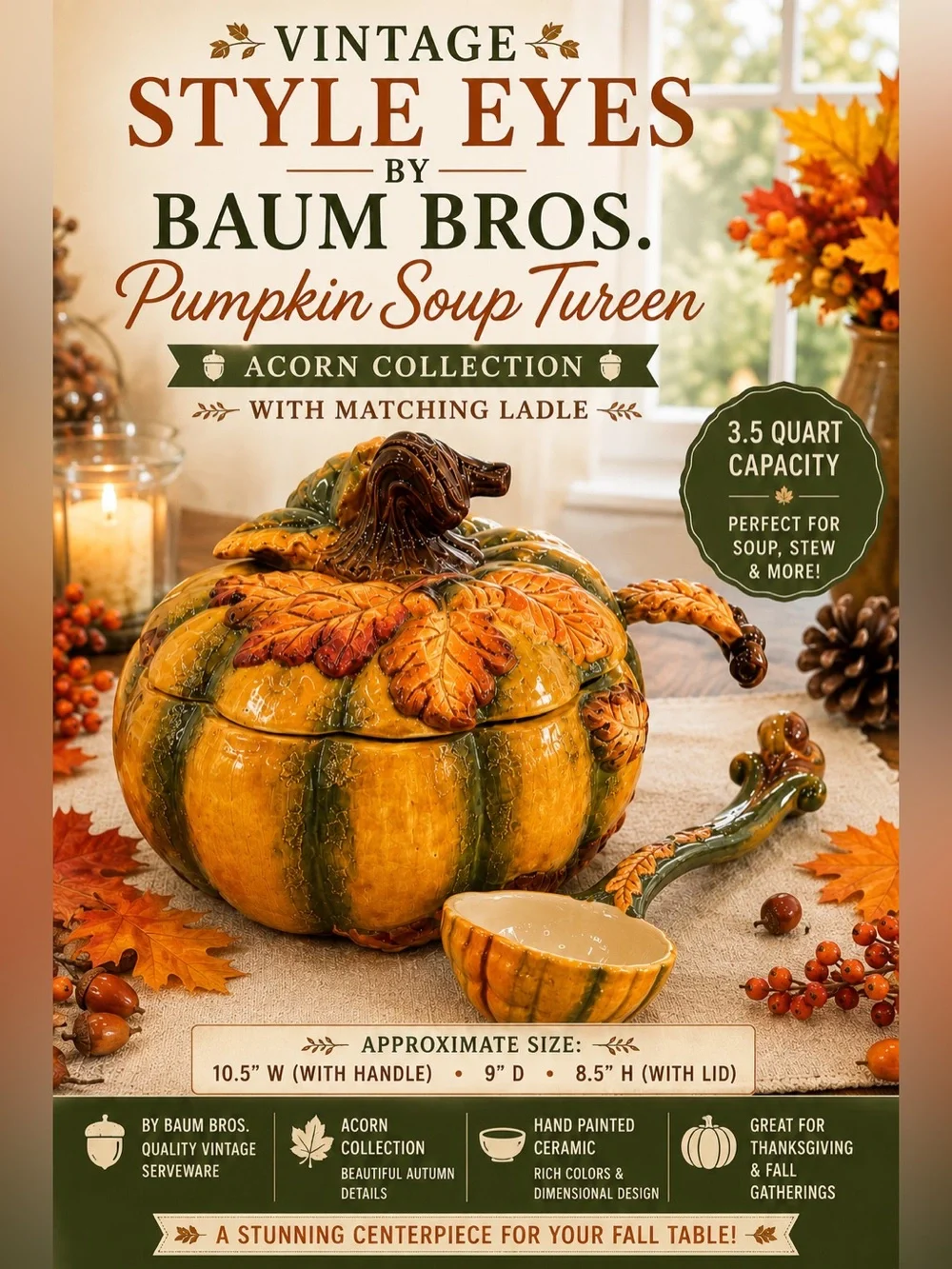 Baum Bros. Pumpkin Soup Tureen in Yellow and Green with Matching Ladle